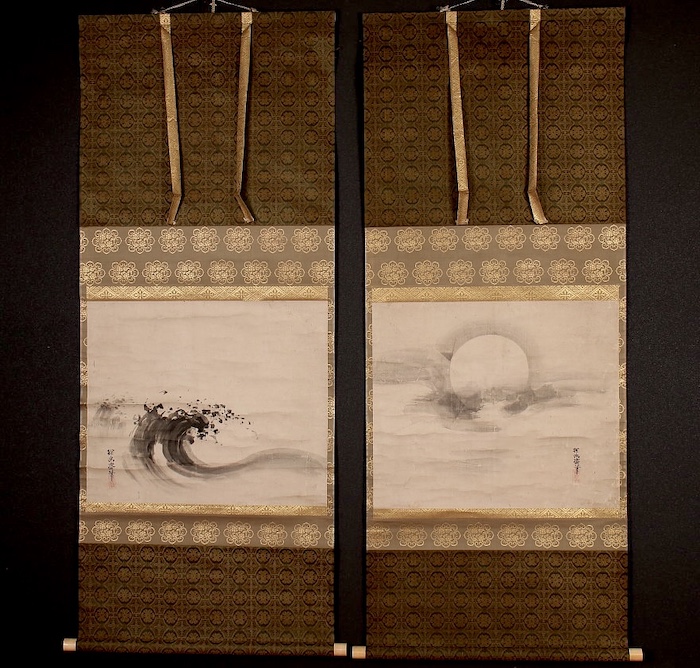狩野探幽 “天月荒波” 双幅 絹本 着色 狩野派中興の祖 / Kanō Tan'yū 