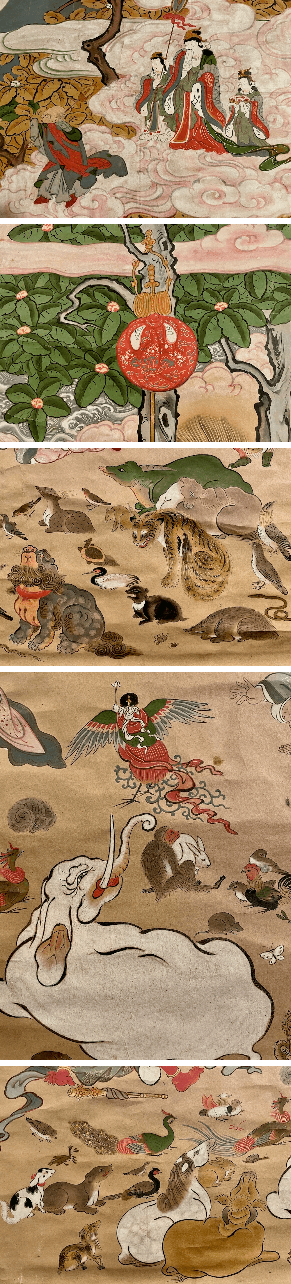 掛軸 紙本 肉筆 特大幅 古仏画 軸先真鍮□江戸期 着色 仏涅槃図 彩色 