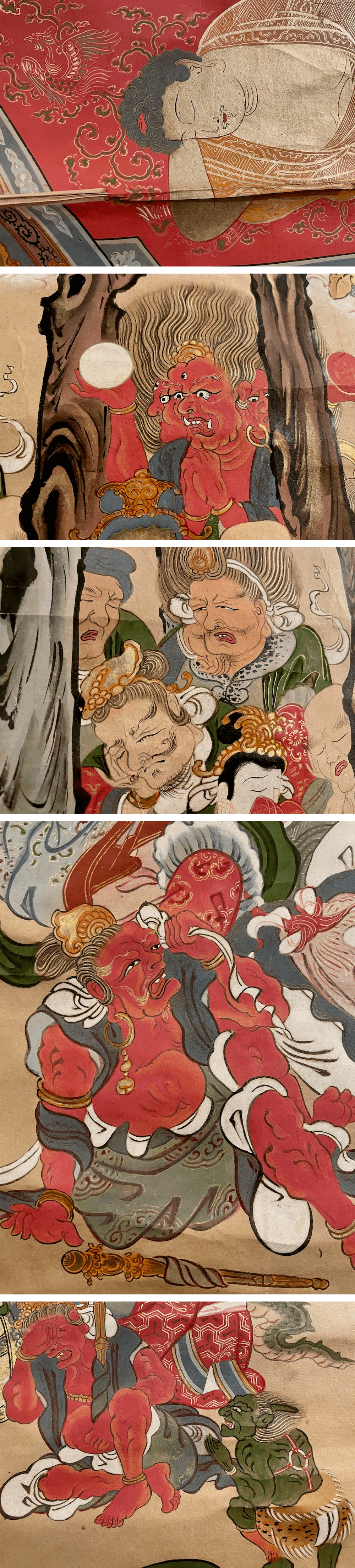 掛軸 紙本 肉筆 特大幅 古仏画 軸先真鍮□江戸期 着色 仏涅槃図 彩色 